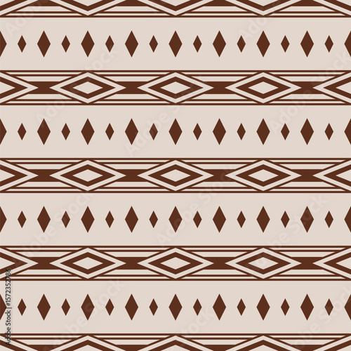 Ethnic seamless geometric pattern. Tribal and ethnic motif seamless background. Pattern with rhombuses and stripes. Brown color vector background. Design for clothing, wrapping, batik, fabric.