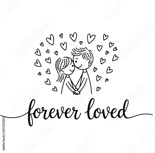 Forever Loved: An intimate illustration depicting a couple in a tender embrace, surrounded by a circle of hearts.