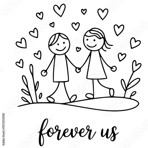 Eternal Bond: Two stick figures, hand-in-hand, represent love and unity, walking in sync under a shower of hearts, a visual declaration of forever us.