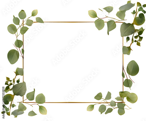 Delicate eucalyptus leaves frame a golden rectangle, perfect for elegant invitations or botanical designs against a black backdrop, transparent background
