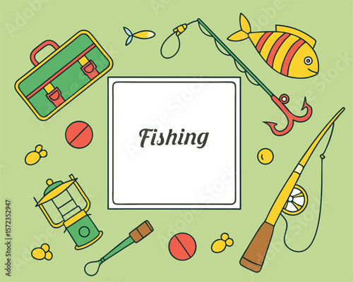 Playful fishing themed illustration with fishing tackle elements in a colorful and transparent design
