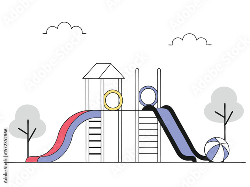 Playful illustrated playground scene in vector style with slides and a ball on a white background