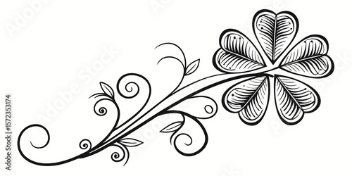 four-leaved clover calligraphy design with curled trail in white background vector illustration .
