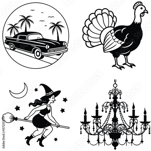 Vector art of a collection of classic vintage illustrations, including a car, turkey, witch, and chandelier, perfect for thanksgiving or halloween designs