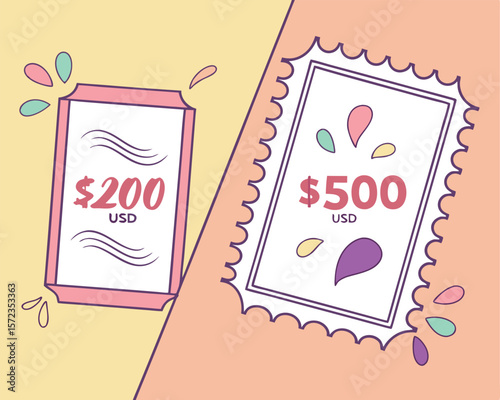 Stylized financial illustration depicting two currency designs with usd amounts on transparent background.