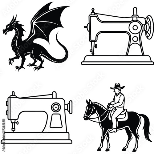 Vector art of a fierce dragon, an antique sewing machine, and a cowboy riding a horse are featured in this captivating black and white vector art