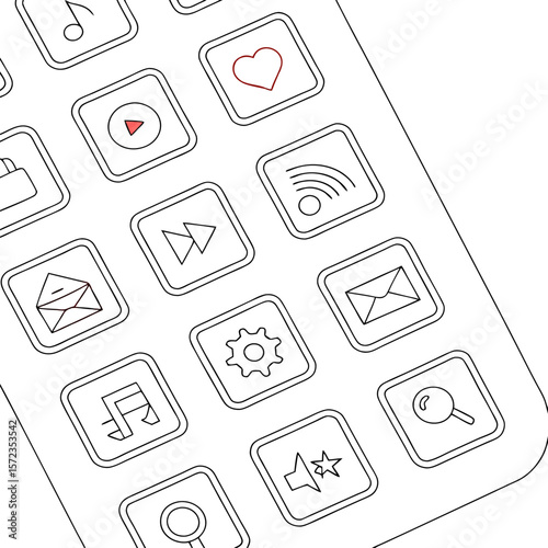 Close up of a digital device interface with various application icons displayed in a grid arrangement