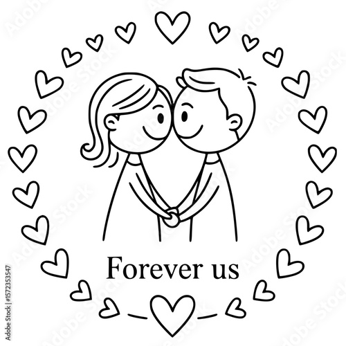 Love's Eternal Embrace: A tender, heart-filled illustration of a couple hand-in-hand, surrounded by hearts, representing eternal love and togetherness.