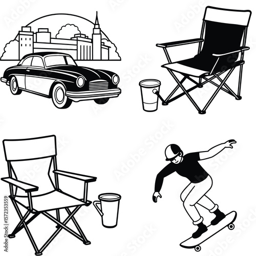 Vector art of a classic car, a folding chair, and a skateboarder are featured in this set of stylish black and white vector illustrations, along with a cityscape backdrop