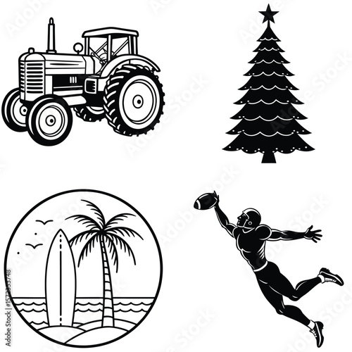 Vector art of a delightful ensemble of four distinct monochrome vector illustrations, including a tractor, a christmas tree, a beach scene, and a football player