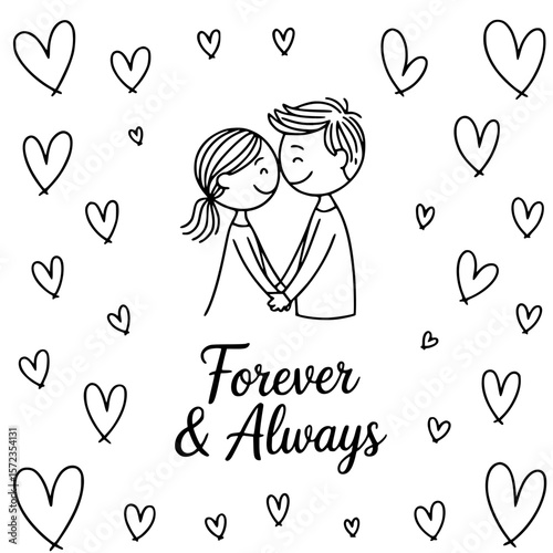 Eternal Bond: A heart-shaped illustration of a couple deeply connected, holding hands, surrounded by tender hearts, embodies a message of Forever & Always.