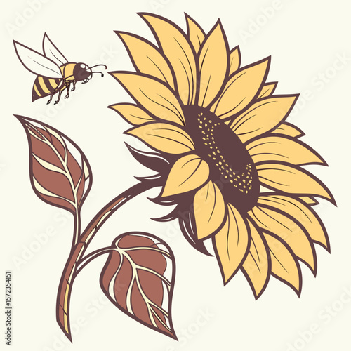 A Striking Illustration of a Bee Approaching a Large Sunflower