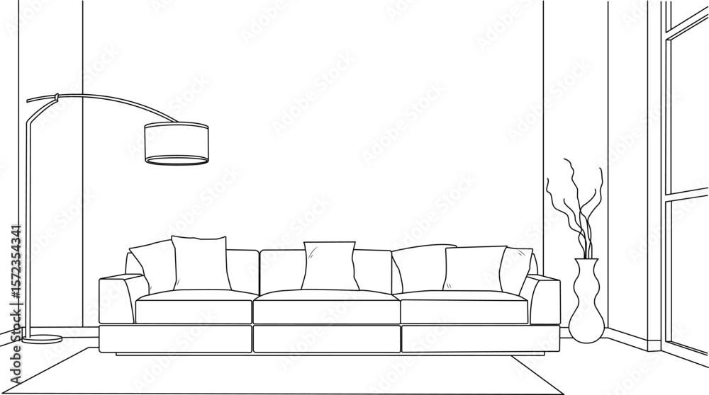 Fototapeta premium Living room graphic black white home interior sketch illustration vector.Illustration vector of a coloring page with interior home, sofa or living room isolated on white background.