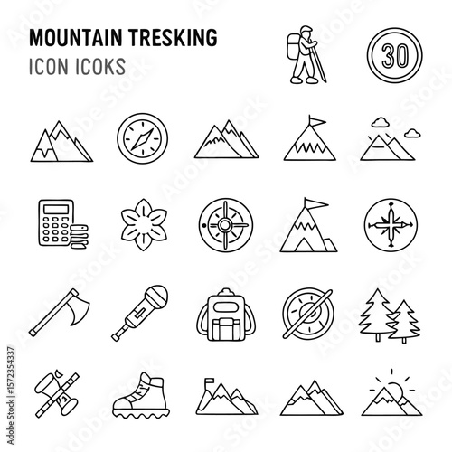 Collection of mountain trekking icons including hiker compass mountains axe and other related symbols outline style