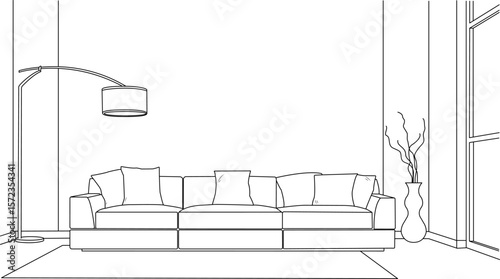 Living room graphic black white home interior sketch illustration vector.Illustration vector of a coloring page with interior home, sofa or living room isolated on white background.