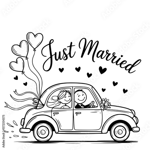 Just Married: A whimsical line drawing of a newlywed couple embarking on their joyous journey, adorned with heart-shaped balloons and charming decorative elements.
