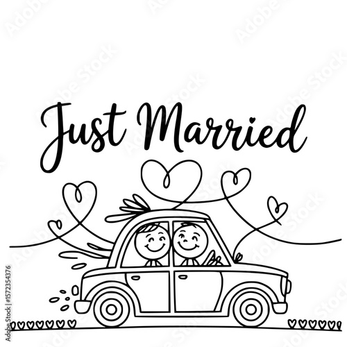 Just Married: A charming illustration showcases a newlywed couple joyfully embarking on their journey together in their wedding car, symbolizing love, togetherness, and the start of a shared life.