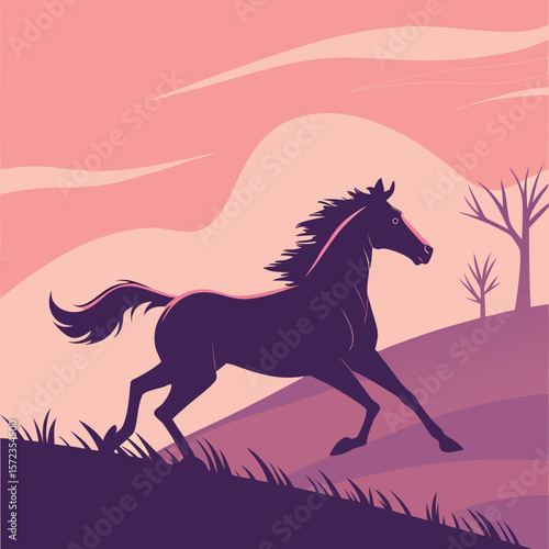 Majestic Dark Horse Galloping Through a Serene Sunset Landscape