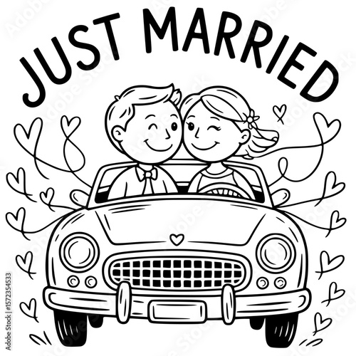 Love's Journey: A joyful depiction of a newlywed couple, joyfully embarking on their journey in a vintage car, celebrating their just-married status with hearts representing their everlasting love.