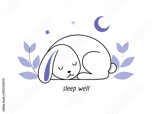 Adorable sleeping bunny with moon and stars illustration on a white background, ready for any project.