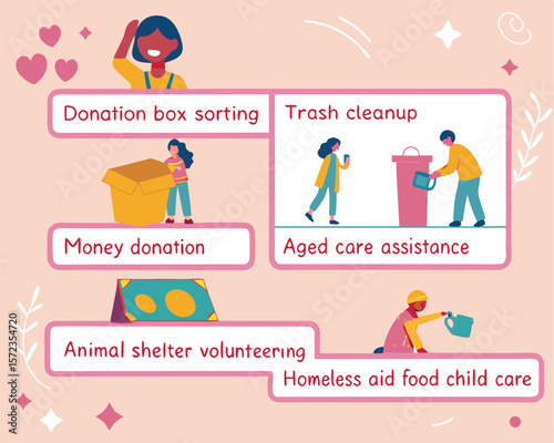 Cartoon illustrations depicting community involvement volunteering and various charitable acts for various design projects.
