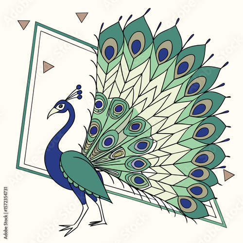 Beautiful Peacock Displaying Its Elaborate Feathers in Artistic Geometric Design