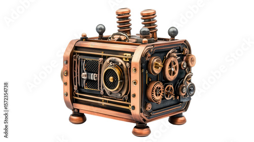 Unique steampunk-inspired mechanical music box background isolated on a Transparent background, PNG file.