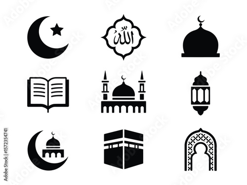 set of Islamic icon vector silhouette illustrations, Quran icon, prayer beads icon, and Islamic crescent Moon star symbol,mosque icon,prayer rug icon, islamic icon, islamic vector, islamic silhouette,