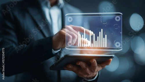 Businessperson Analyzing Data on Holographic Tablet