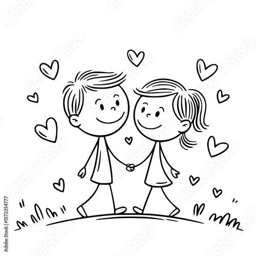 Endearing Love in a Simple Sketch: A charming cartoon couple strolls hand-in-hand, surrounded by floating hearts, their smiles radiating pure, innocent affection and joy.