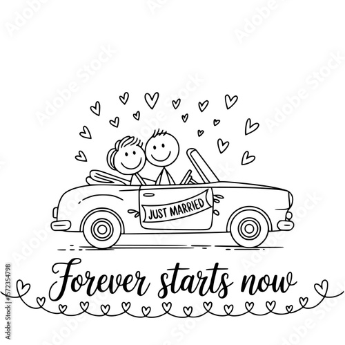 Forever Starts Now: A heart-warming illustration captures a newlywed couple in a convertible, ready to embark on their journey of love and happiness together. 