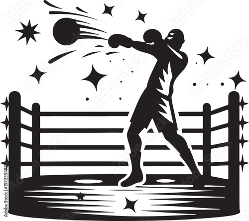 Dramatic silhouette of a boxer inside the ring throwing a high punch, with star effects representing impact and motion.