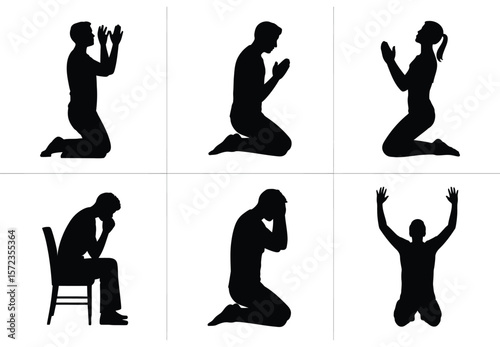 Praying People Silhouettes Kneeling Figures in Prayer