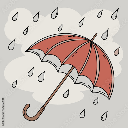 A Red Umbrella Shields Against Falling Raindrops Under Cloudy Skies