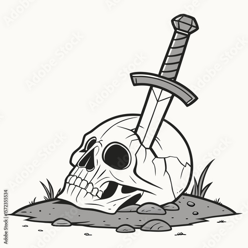 Ancient warrior skull with sword emerging from the ground a symbol of eternal battle