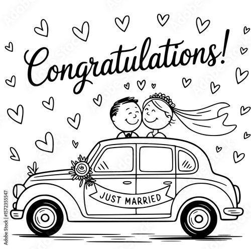 Wedding Day Delight: A charming, hand-drawn illustration captures the joy of a newly married couple. The illustration portrays a jubilant scene, the couple is seated in the back of a vintage car.