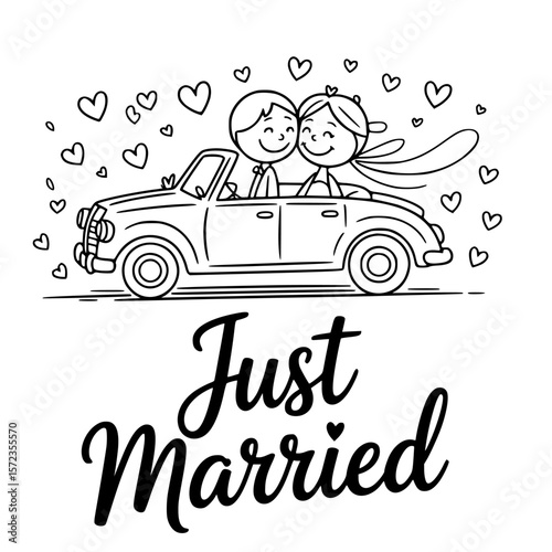 Just Married Couple in a Car: A charming black and white illustration depicts a joyous couple in a vintage car, with hearts symbolizing love and a Just Married inscription