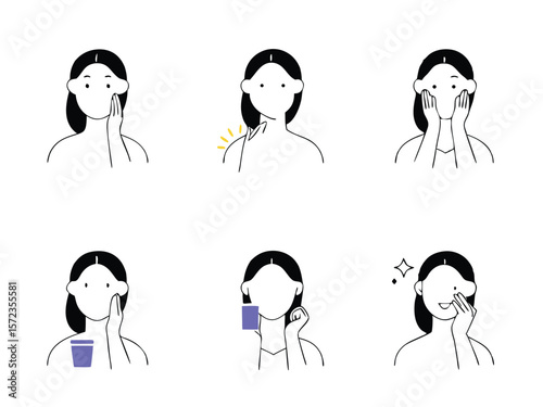 Illustrated skincare routine sequence depicting cleansing application and positive outcome for design projects