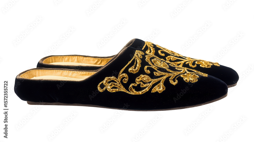 Obraz premium Velvet slippers with gold embroidery, background isolated on a Transparent background, PNG file.