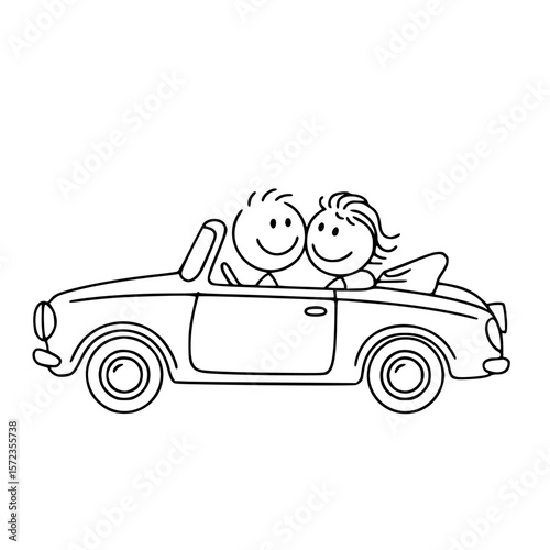 Couple's Adventure in a Convertible: Two stick figures in a classic convertible car, celebrating a shared experience. A monochrome image captures a simple drawing.