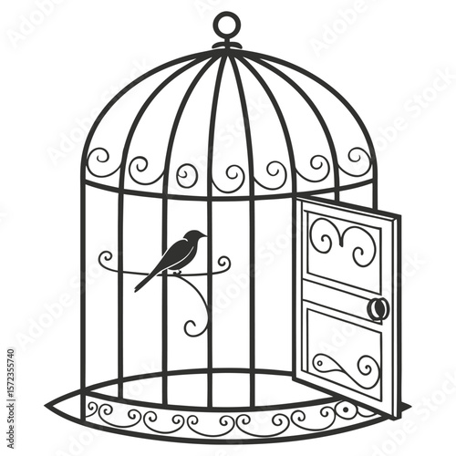 A Small Bird Sits Inside An Open Birdcage Waiting To Be Free