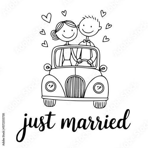 Newlyweds in Love: A charming hand-drawn illustration captures the blissful joy of a newlywed couple embarking on their journey together, riding in a vintage car with hearts floating above.