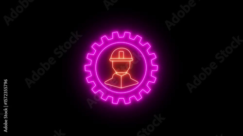 Engineering and construction line icon in cog or gear. Concept for industrial, engineer or factory. Glowing Dollar and Labor Icon, Modern Economy Symbol, Luminous Worker.