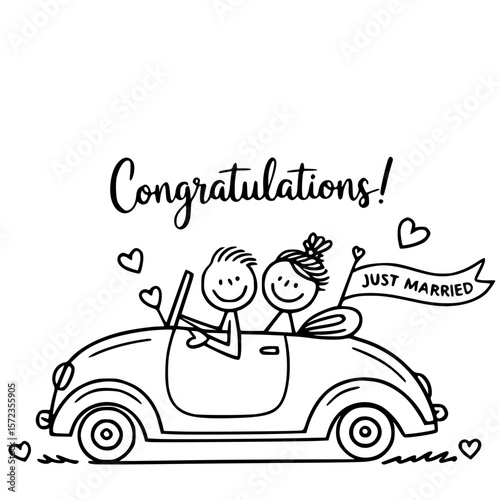 Congratulations! newlywed joyride: A hand-drawn illustration of a stick-figure couple joyfully driving away in a vintage convertible, a 'Just Married' banner waving in the breeze.