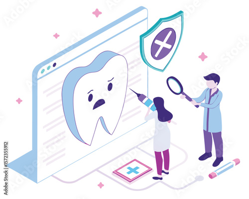 Isometric illustration depicts dentists treating a worried tooth dental care and protection