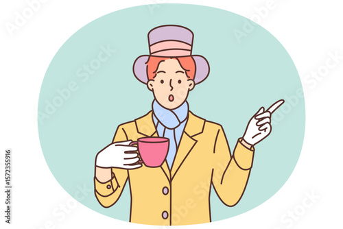 Mysterious man dressed as hatter from story Alice in Wonderland drinks tea and points finger to side