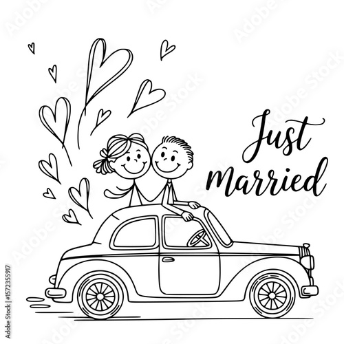 Wedding day illustration: A black and white illustration depicts a newlywed couple joyfully riding in a classic car, surrounded by heart-shaped symbols symbolizing their love and happiness.
