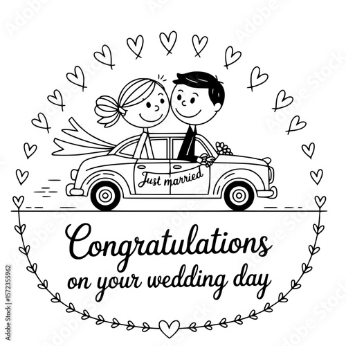 Just Married Couple: A charming, illustrative depiction of a newlywed couple joyfully embarking on their life's journey together, adorned with heart-shaped embellishments.