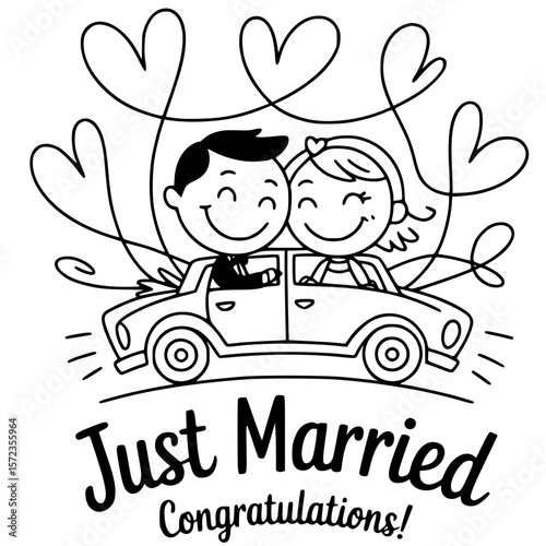 Just Married Couple in a Car: A charming and heart-warming illustration of a newly married couple joyfully riding in a car, under a cascade of hearts, symbolizing their journey of love.