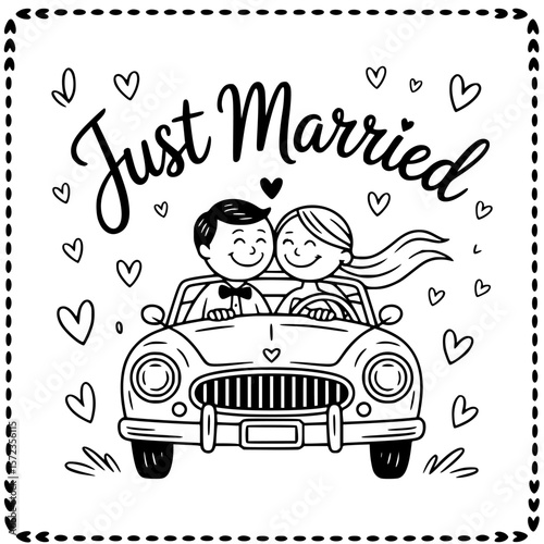 Just Married Couple in Car: A delightful sketch of a newlywed couple joyfully cruising in a classic car, surrounded by hearts symbolizing their love and happiness. A sweet depiction of wedded bliss.
